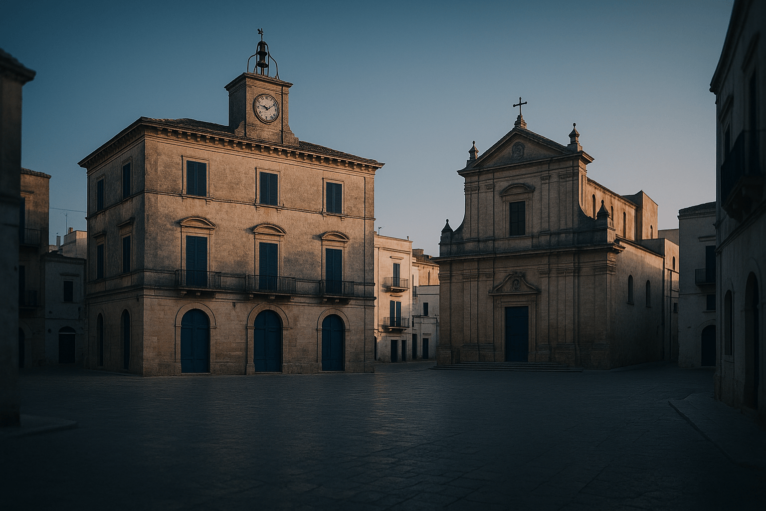 Piazza di una città del Sud Italia con un edificio pubblico